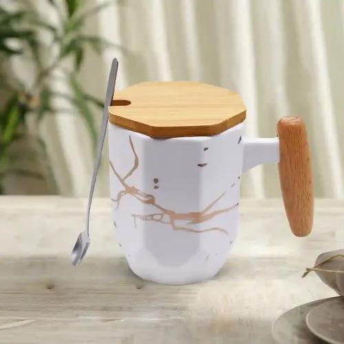 Kookee Fancy Ceramic Coffee or Tea Mug with Lid and Handle with Spoon for Office, Home or Gifting (8544)