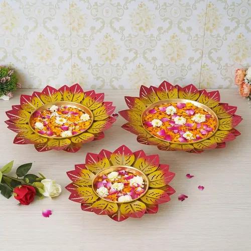 WEBELKART Premium Printed Leaf Design Set of 3 Flower Shape Flower Decorative Urli Bowl for Home Floating Flowers for Home,Table Decor| Diwali Decoration(Multicolor)