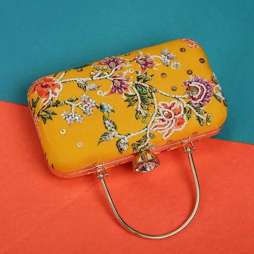 Big Box Evening Printed With Embroidery Clutch For Women - Mustard