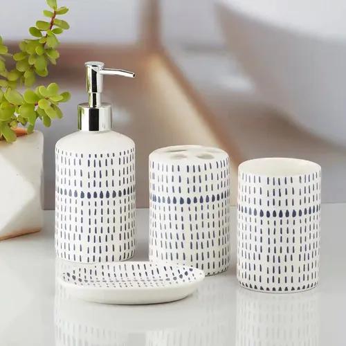 Kookee Ceramic Bathroom Accessories Set of 4, Modern Bath Set with Liquid handwash Soap Dispenser and Toothbrush holder, Luxury Gift Accessory for Home - White (10179)