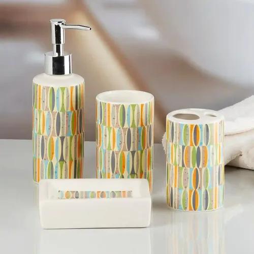 Kookee Ceramic Bathroom Accessories Set of 4, Modern Bath Set with Liquid handwash Soap Dispenser and Toothbrush holder, Luxury Gift Accessory for Home - Multicolor (10057)