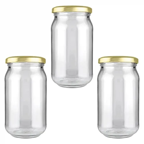 Shiva Organic 400gm Round Glass Jar for Kitchen Storage | Food Grade Glass Container | Golden Metal Cap | Air Tight Lid | Clear Transparent Jar - Pack of 3