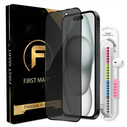 FIRST MART Matte Privacy Tempered Glass for iPhone 15 Edge to Edge Full Screen Coverage with Cable Protector & Easy Installation Kit | Matte Finish