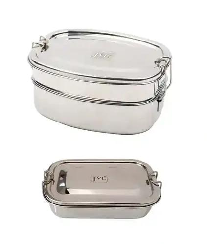 Jvl Stainless Steel Rectangular & Deluxe Shape Single & Double Layer Not Leak Proof Lunch Box With Inner Plate - Set Of 2