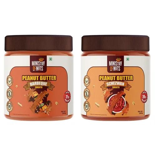 MINISTRY OF NUTS Peanut Butter Barbeque Smooth 200G & Peanut Butter Schezwan Smooth 200G Total 400G - Pack Of 2