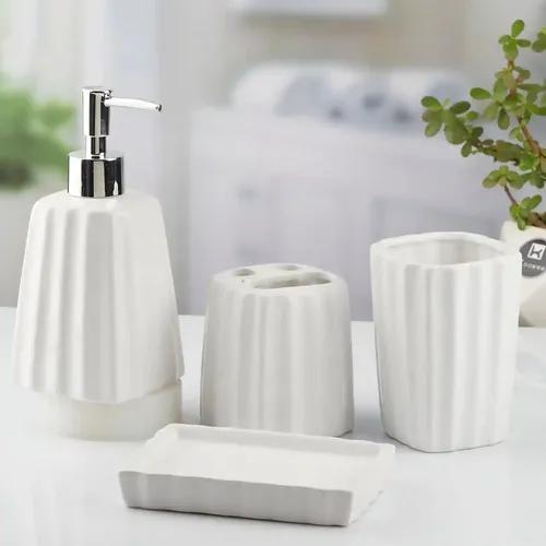 Kookee Ceramic Bathroom Accessories Set of 4, Modern Bath Set with Liquid hand wash Soap Dispenser and Toothbrush holder, Luxury Gift Accessory for Home, White (10468)