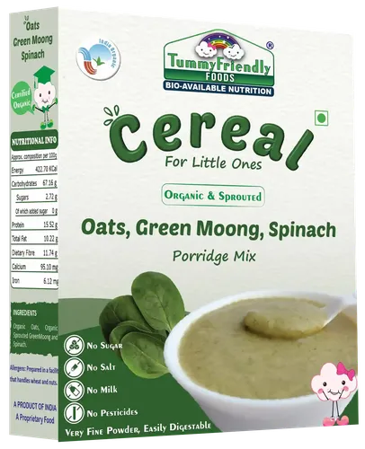 Tummyfriendly Foods Certified Organic Oats, Green Moong, Spinach Porridge Mix | Organic Baby Food For 8 Months Old | Made Of Sprouted Whole Green Moong | Rich In Iron, Protein & Micro-Nutrients | 200G Cereal (200 G)