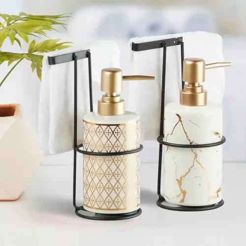 Kookee Ceramic Soap Dispenser for Bathroom hand wash, refillable pump bottle for Kitchen hand wash basin, Set of 2, White/Gold (11031)