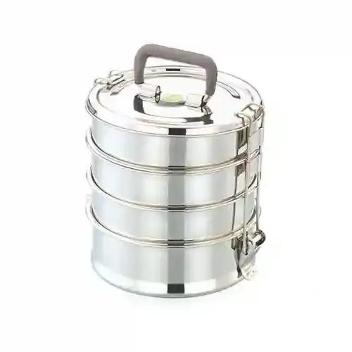 Jvl Small Round Stainless Steel Lunch Box - Travelling Set With 4 Compartments And 1 Airtight Plastic Box