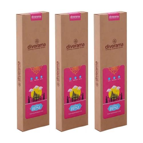 DivoRama Luxury Rose Incense Sticks Agarbatti - 100% Indian Natural Aroma - Long Lasting  Gulab Agarbatti for Puja, Meditation, Happy Vibes - Pack of 3 (60 sticks/pack)-Pack of 3