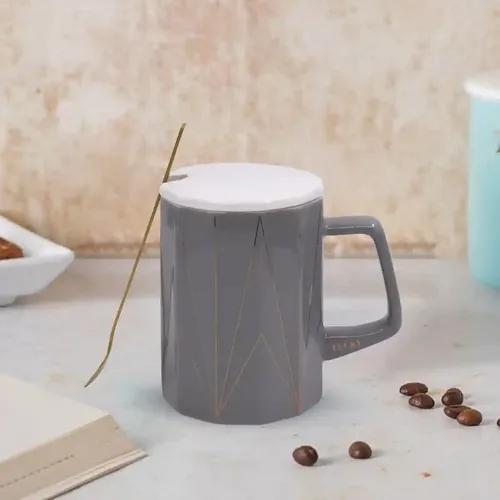 Kookee Fancy Ceramic Coffee or Tea Mug with Lid and Handle with Spoon for Office, Home or Gifting - 325ml (1011-B)