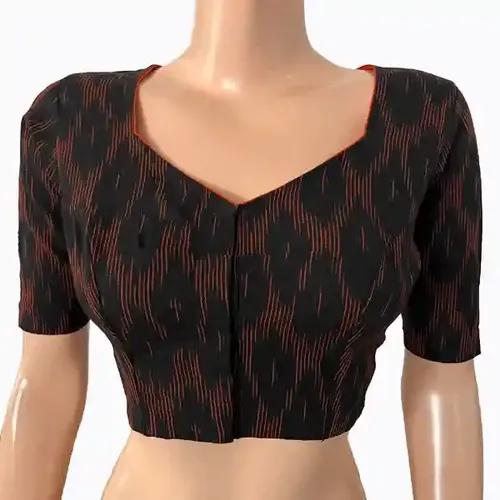 Ikat Cotton Sweetheart neck Blouse - Black Maroon S