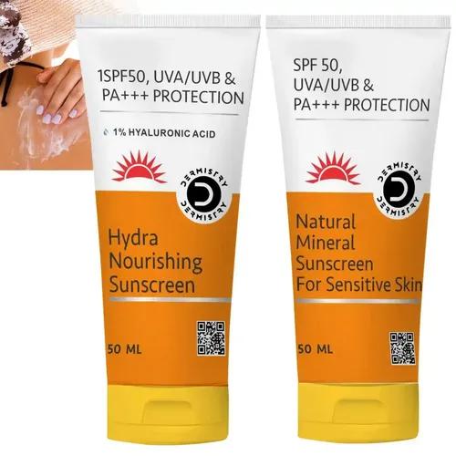 Dermistry 1% Hyaluronic Acid Ultra Hydrating Sunscreen Aqua Gel & Natural Mineral Based Sunscreen For Sensitive Skin  & Children With Spf 50 Uva Uvb Pa+++ Sun Protection Moisturizer Water Resistant For Dry Combination & All Skin Types | No White Cast Light Weight Moisturizer And Water Based Daily Use For Men & Women ( Pack Of 2 - 100 Ml )