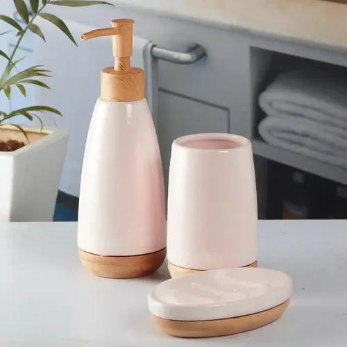 Kookee Ceramic Bathroom Accessories Set of 3, Modern Bath Set with Liquid handwash Soap Dispenser and Toothbrush holder, Luxury Gift Accessory for Home - Pink (9882)