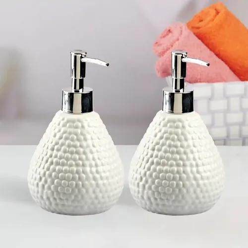 Kookee Ceramic Soap Dispenser for Bathroom hand wash, refillable pump bottle for Kitchen hand wash basin, Set of 2, White (10975)