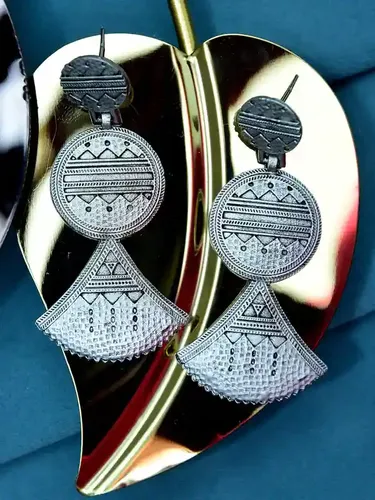 Bold Ethnic Fan-Shaped Statement Earrings – Antique Silver Oxidzed Textured Finish