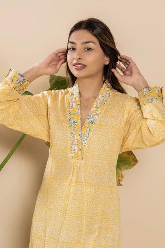 Co-ord Yellow Rashidi Kurta Set With Side Pocket