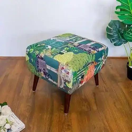 YELLOW Ribbon Puffy Stool for Living Room Sitting Green Printed Premium Foam Cushioned Pouffe Ottoman for Foot Rest Ottoman for Home Decor Furniture with 4 Wooden Legs_Chirpy Greens