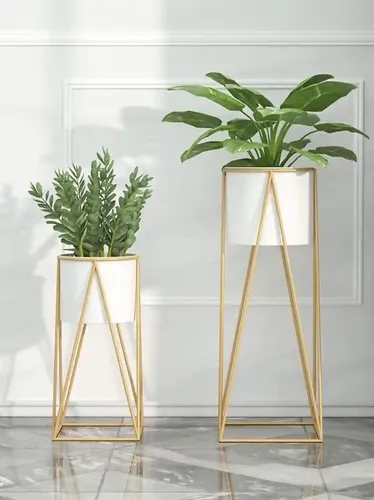 AMASS HANDICRAFTS Planters for Indoor - Outdoor Plants & Modern Metal Floor Tall Plant Stand for Garden, Balcony & Living Room & Mid Century Plant Stands with Pots Set of 2 Flower Pots