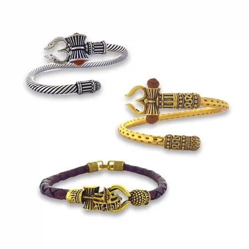 JEWELOPIA Adjustable Bahubali Kada Mahakal Kada Bracelet Band Studded With Rudraksha Shiv Shankar Kada combo For brothers Men Boys Girls on rakhi (combo)