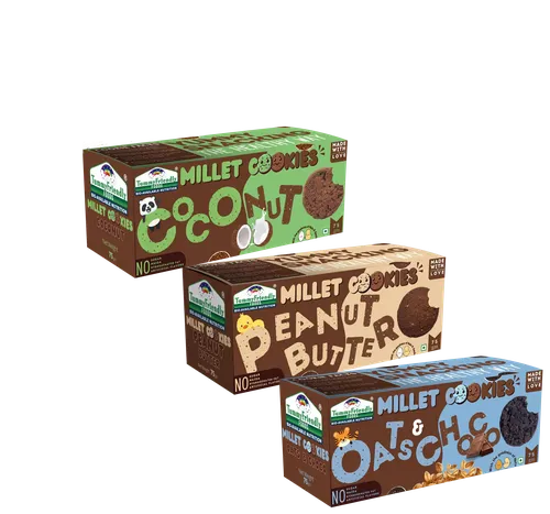 Tummy Friendly Foods Millet Cookies - Oat Choco, Peanut Butter & Coconut- Pack Of 3- 75G Each. Healthy Ragi Biscuits, Snacks For Baby, Kids & Adults