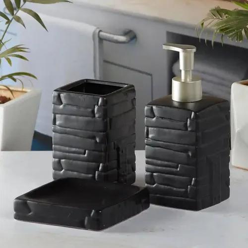 Kookee Ceramic Bathroom Accessories Set of 3, Modern Bath Set with Liquid handwash Soap Dispenser and Toothbrush holder, Luxury Gift Accessory for Home - Black (8060)