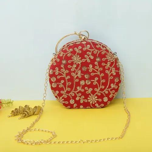 Embroidered Round Matka Clutch For Women - Red