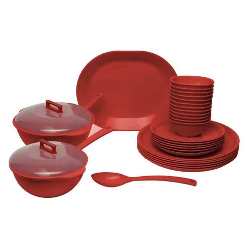 Gluman 32 Pieces Round Solid Dinner Set | Shiny & Glossy Finish | 100% Food Grade | Dishwasher Safe | Freezer Safe | Microwave Safe | Recyclable (Red, Plastic)