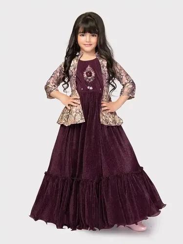 Betty Wine Colored Polyester Fabric Stitched Gown along with Printed Jacket - 3-4 Yrs