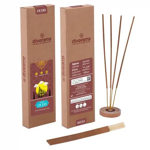DivoRama Luxury Oudh Incense Sticks Agarbatti - 100% Indian Natural Aroma -  Long Lasting Oudh Agarbatti for Puja, Meditation, Happy Vibes - 60 Sticks-Pack of 1