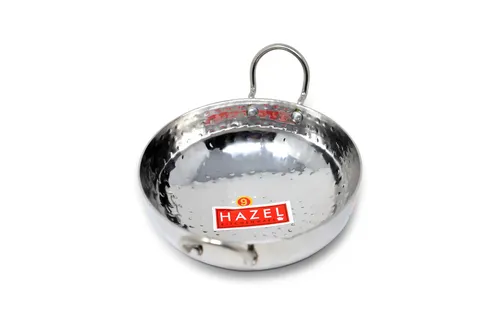 HAZEL Stainless Steel Kadai with Handle I Steel Kadhai, 3450 ml with Silver Finish I Curved Bottom for Faster Cooking I Hammered Tone Design I Ideal for Daily Use