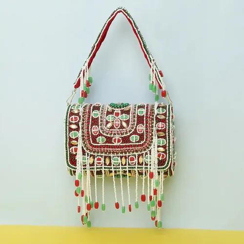 Embroidered Silver Chain Designer Clutch For Women - Red