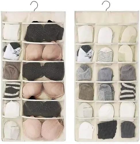 FAB ELLITE Double Sided 30 Pockets Clear Hanging Bag Socks Bra Underwear Rack Hanger Storage Organizer Wall Hanging Closet Shelves Storage Pockets Non Woven Matrial (Pack of 1, Non-Woven)