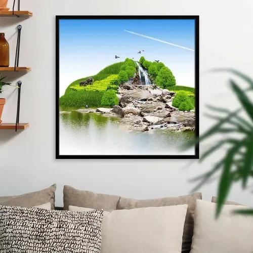 ArtzFolio Island With Vegetation & A Waterfall | Premium Canvas Painting for Bedroom & Living Room | Black Wood Frame | 12 x 12 inch (30 x 30 cms)