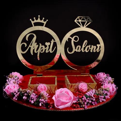 Personalized Engagement Ring Platter with Acrylic Name - Pink & Red