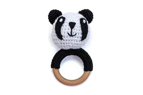 Crochet Wooden Panda Rattle - White