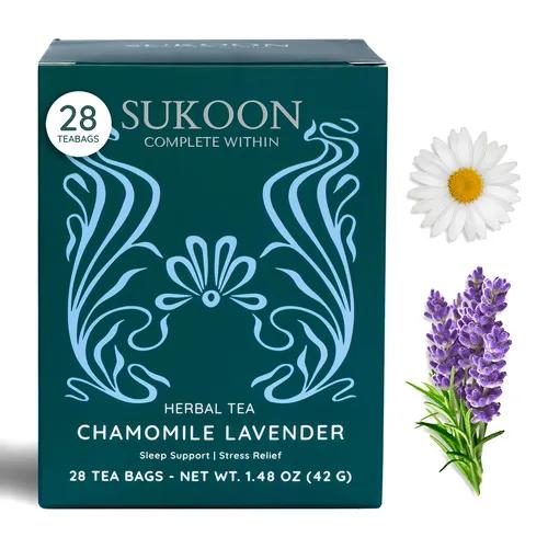 SUKOON Chamomile and Lavender tea | Herbal Tea blend made with Chamomile and dried Lavender flowers |Premium tea bags 28 pcs | Caffeine Free | Sleep Tea