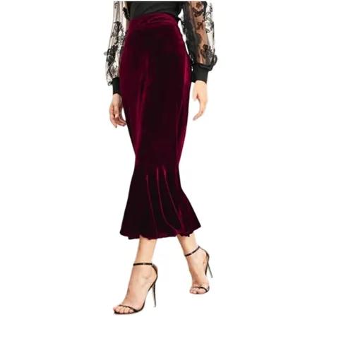 Velvet Ruffle Midi Skirt High Waisted Bodycon Style Perfect Gift For Her - Xs