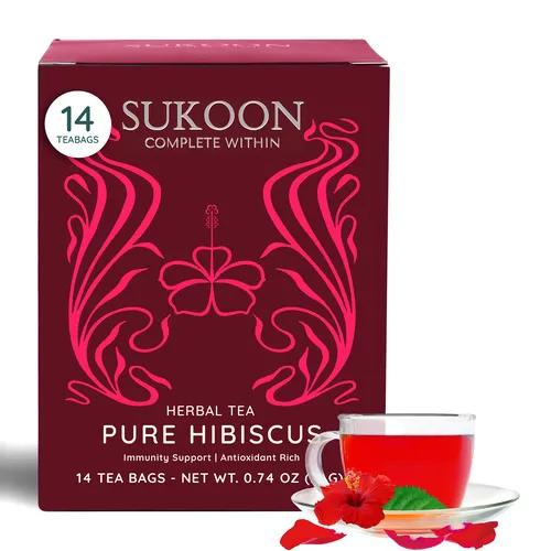 Sukoon's Pure Hibiscus Tea | Organic Hibiscus dry Flower Tea for Immunity boost, High Blood Pressure Control, Hair Growth | Caffeine-Free Herbal Tea - 14 Biodegradable Pyramid instant tea bags