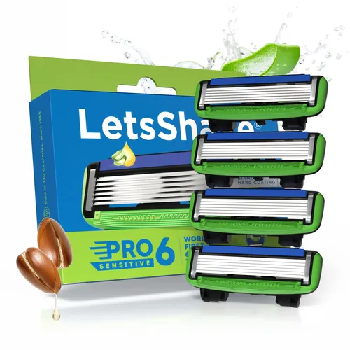 LetsShave Pro 6 Sensitive Face & Body Shaving Razor Blade Refills/Cartridges | World'S First 6-Blade Razor With Precision Trimmer | Argan Oil & Aloe Vera Infused Moisture Bar | Sold In 130 Countries - Pack Of 4 Blade Refills