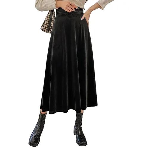 Custom Made High Waist Black Velvet Midi Skirt For Women - Xs