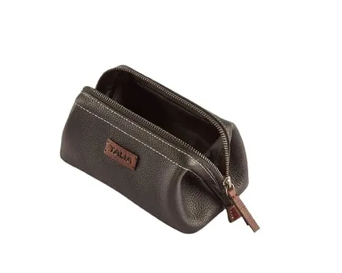 Talia Genuine Leather Top Zippered Framed Leather Utility Pouch - Black/Brown