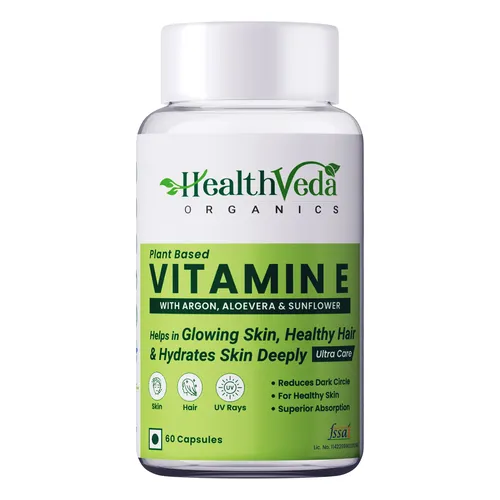 Health Veda Organics Vitamin E Capsules with Argan & Aloe Vera Oil | 60 Veg Capsules | Supports Healthy Hair & Beautiful Skin | Maintains Skin Hydration & Nourishment | For Both Men & Women