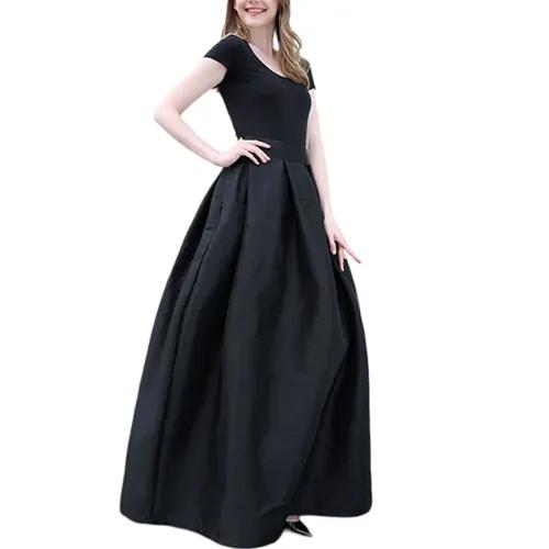 Elegant A-Line Black Maxi Skirt Classic Floor-Length With Pleats - Xs