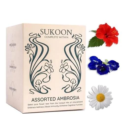 Sukoon Assorted Herbal Tea Bags, 15 Eco-Friendly Pyramid tea bags | Pure Chamomile tea, Pure Hibiscus Tea, Pure Bluepea Tea sampler tea bags | 5 pcs tea bags of each Flavour | Different tea flavours set