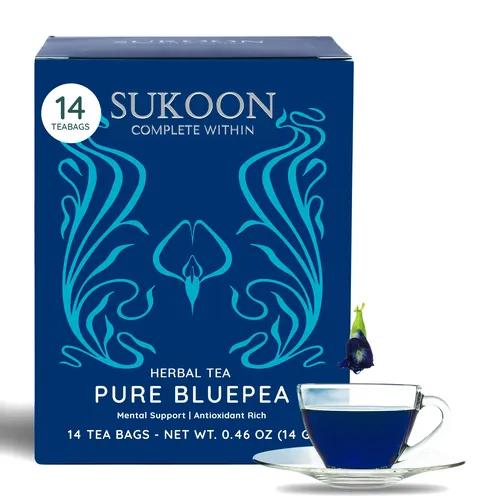Sukoon Pure Blue Pea Herbal Tea | 14 Eco-Friendly Pyramid blue tea bags | Blue Pea Tea Buds | Aparajita Flower Tea | Caffeine Free | Enhance Memory | Butterfly Pea Flower Tea | Controls Sugar