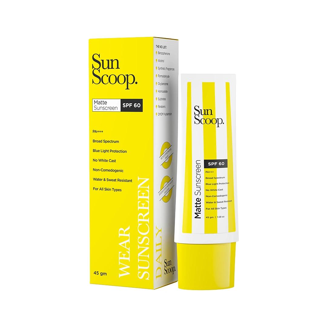 SunScoop Matte Sunscreen Cream SPF 60 PA+++ | No White Cast | For Dry, Oily & Normal Skin Types | Matte Finish | Ultra-Lightweight & Quick-Absorbing, Water & Sweat Resistant | 45g