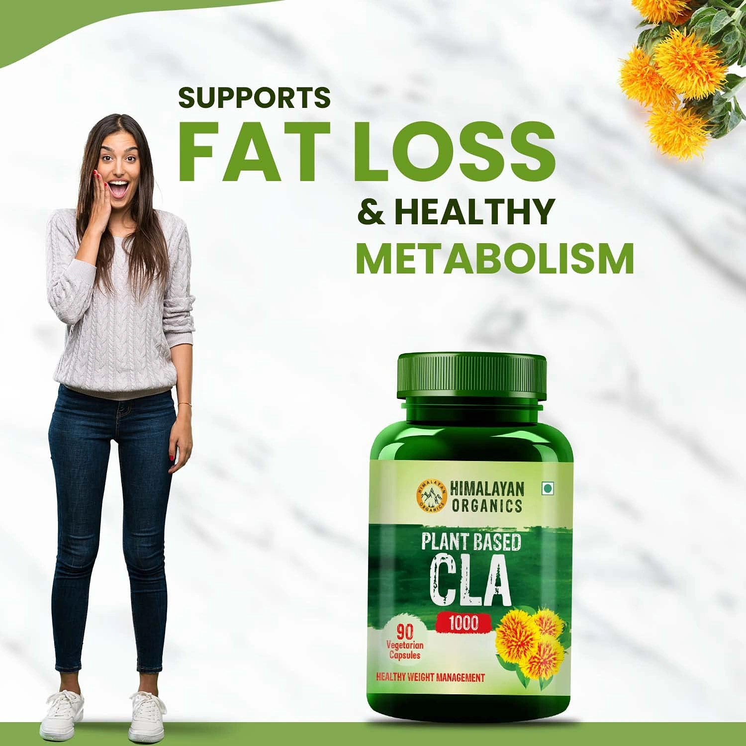 Vlado's Himalayan Organics Plant Based CLA 1000 Safflower Oil Extract Fat Burner Supplement | Immunity Booster, Weight Management, Lean Muscle Mass | Good For Men And Women -90 Veg Capsules