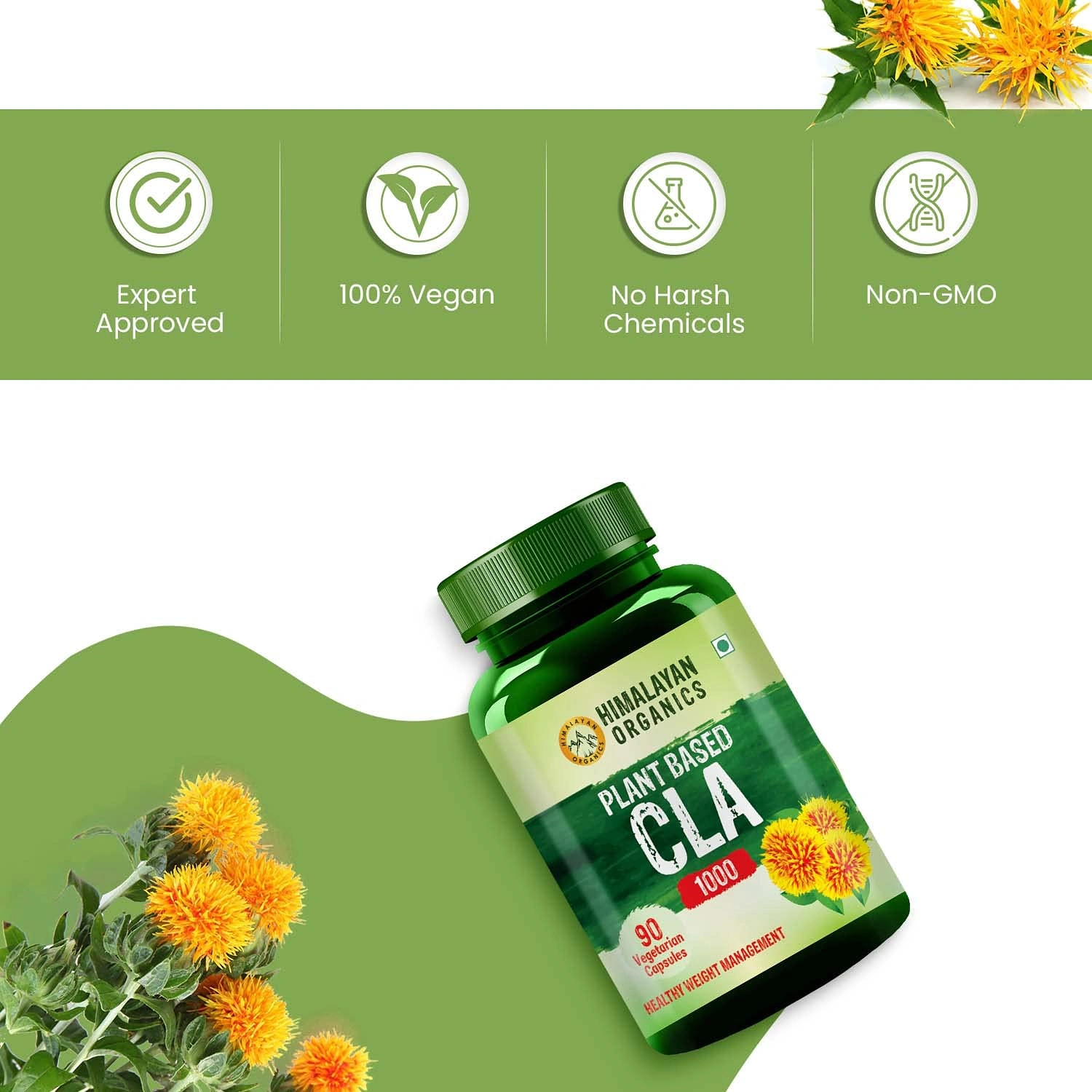 Vlado's Himalayan Organics Plant Based CLA 1000 Safflower Oil Extract Fat Burner Supplement | Immunity Booster, Weight Management, Lean Muscle Mass | Good For Men And Women -90 Veg Capsules