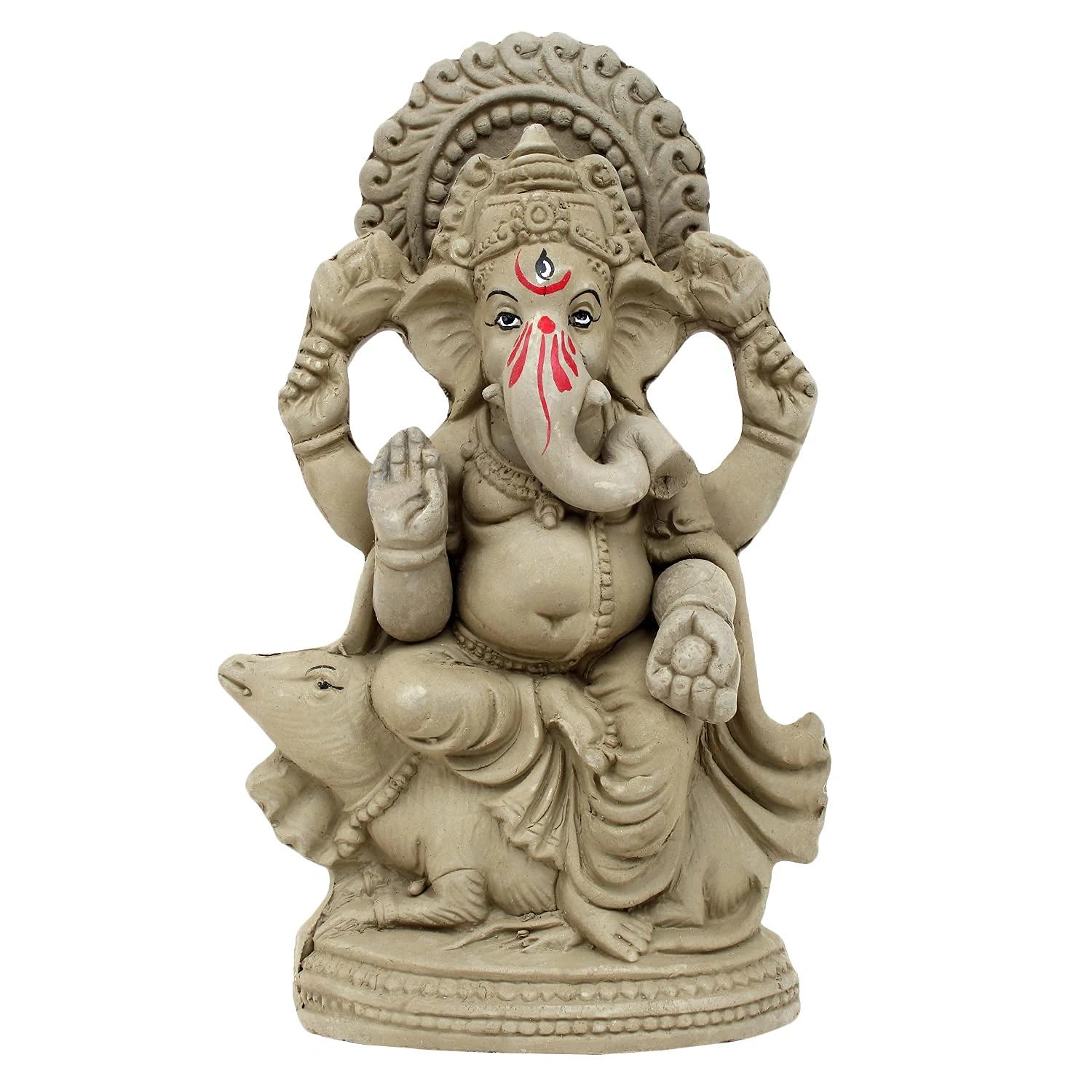 KSI Eco friendly Ganesha idol, Ganpati murti for home visarjan, Water Soluble Ganpati Idol (7.5 Inches,  Mushak Ganesh Without Paint)